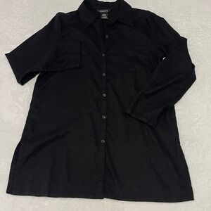 George Womens Black Linen Blend Long Sleeve Button Down Tunic Shirt Size L 12-14